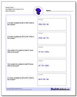 Pre-Algebra Word Problems Worksheet Multiply Divide Pre-Alegbra Four