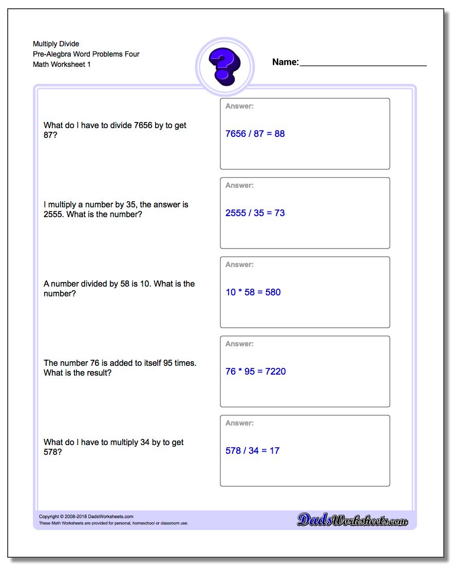 Pre-Algebra Word Problems Worksheet Multiply Divide Pre-Alegbra Four