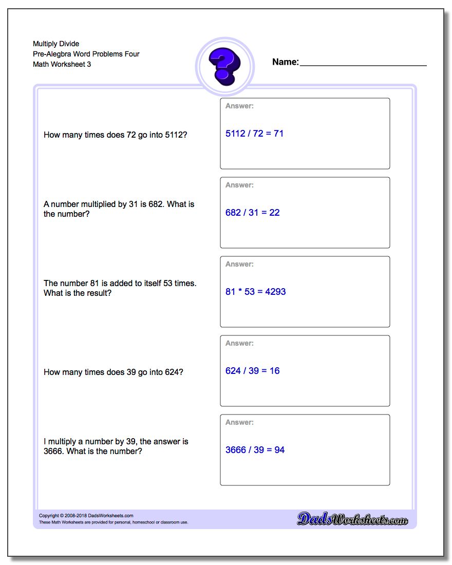 Multiply Divide Pre-Alegbra Word Problems Worksheet Four
