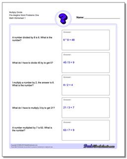 Pre-Algebra Word Problems Worksheet Multiply Divide Pre-Alegbra One