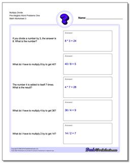  Multiply Divide Pre-Alegbra Word Problems Worksheet One