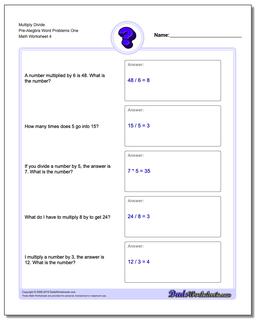  Multiply Divide Pre-Alegbra Word Problems Worksheet One