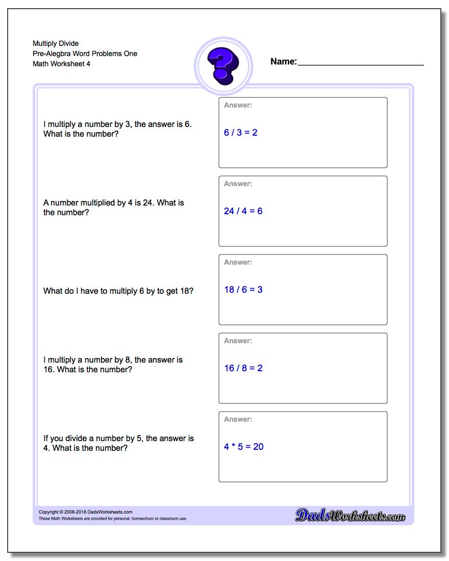 Multiply Divide Pre-Alegbra Word Problems Worksheet One