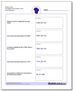 Pre-Algebra Word Problems Worksheet Multiply Divide Pre-Alegbra Three