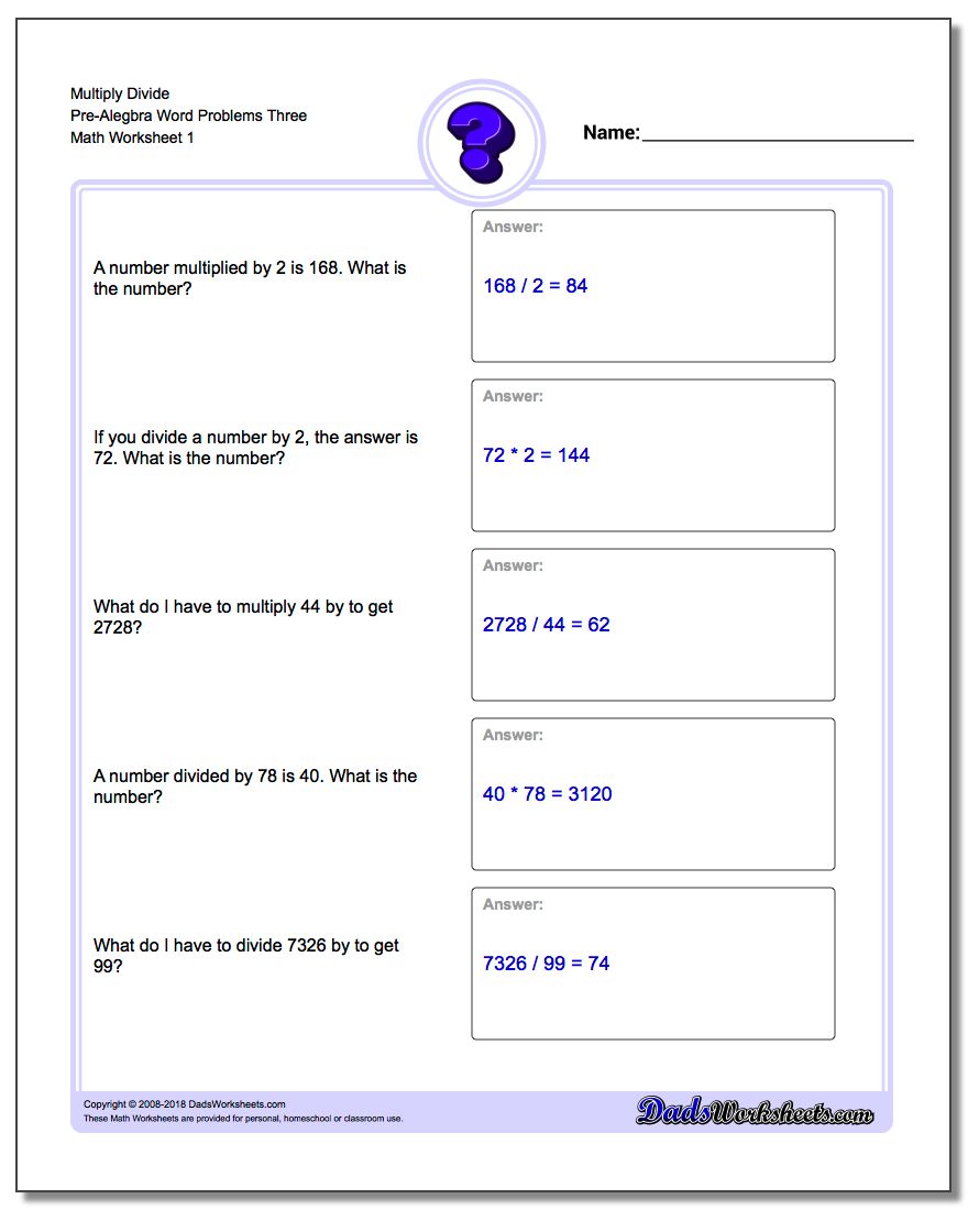 Pre-Algebra Word Problems Worksheet Multiply Divide Pre-Alegbra Three