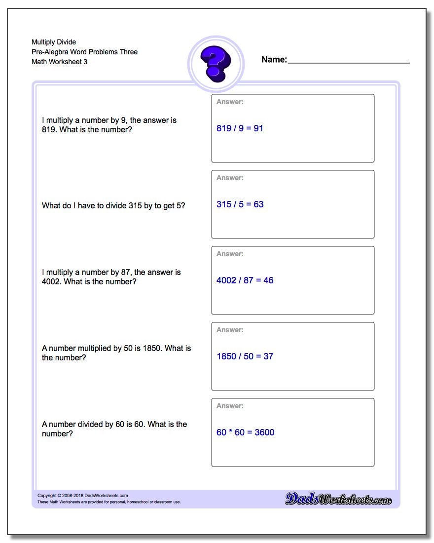 Multiply Divide Pre-Alegbra Word Problems Worksheet Three