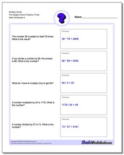  Multiply Divide Pre-Alegbra Word Problems Worksheet Three