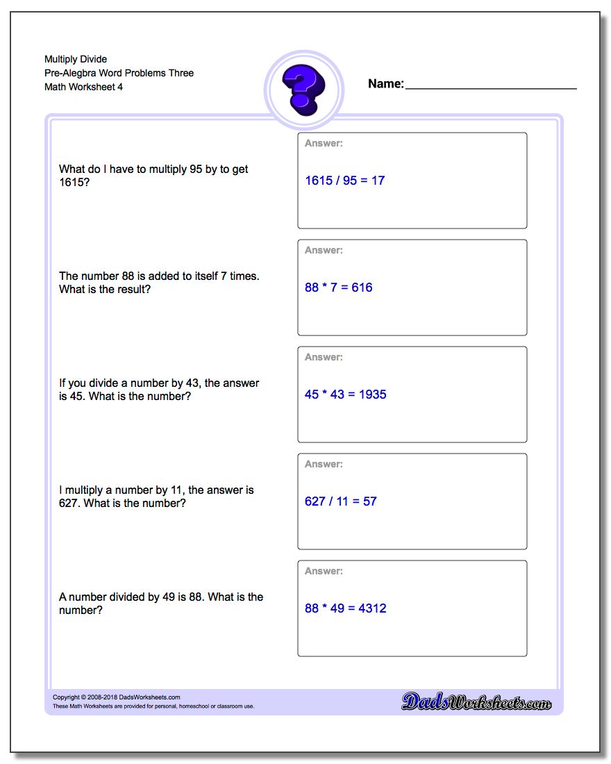Multiply Divide Pre-Alegbra Word Problems Worksheet Three