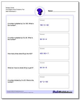  Multiply Divide Pre-Alegbra Word Problems Worksheet Two /worksheets/pre-algebra-word-problems.html