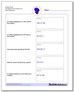  Multiply Divide Pre-Alegbra Word Problems Worksheet Two /worksheets/pre-algebra-word-problems.html