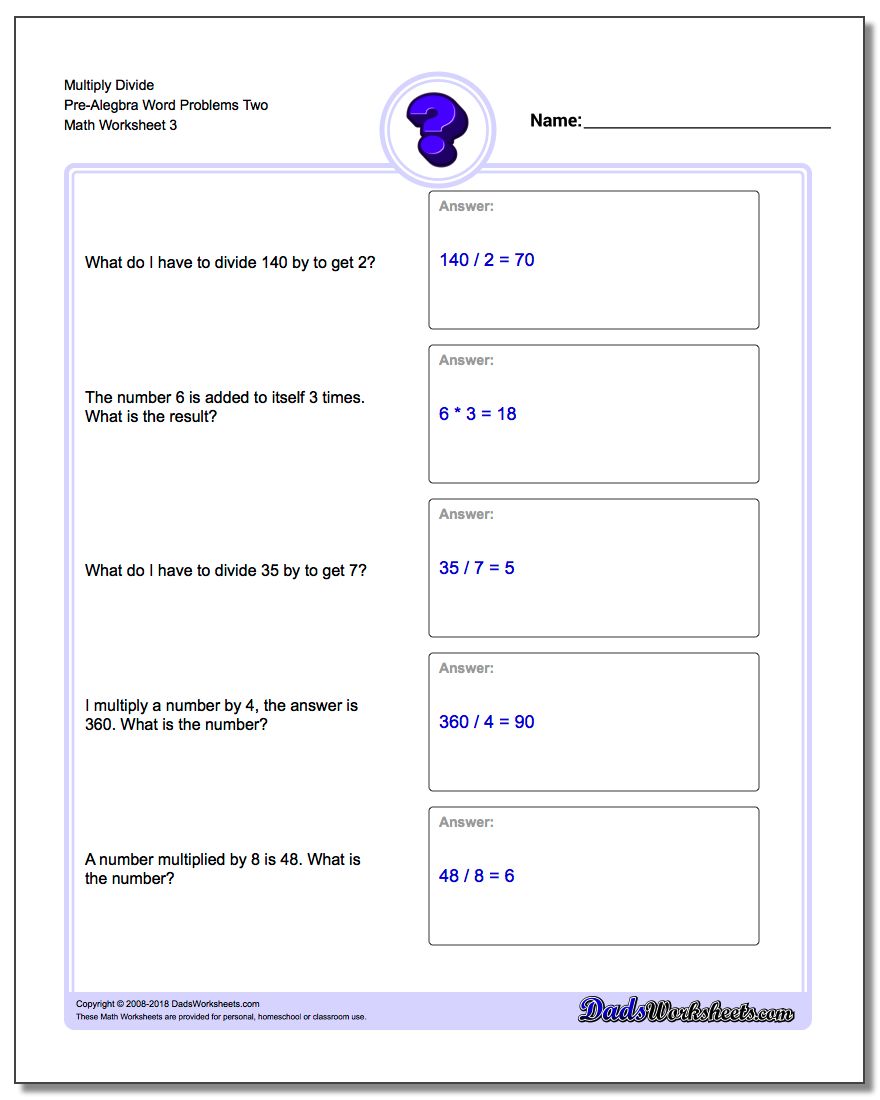 Multiply Divide Pre-Alegbra Word Problems Worksheet Two