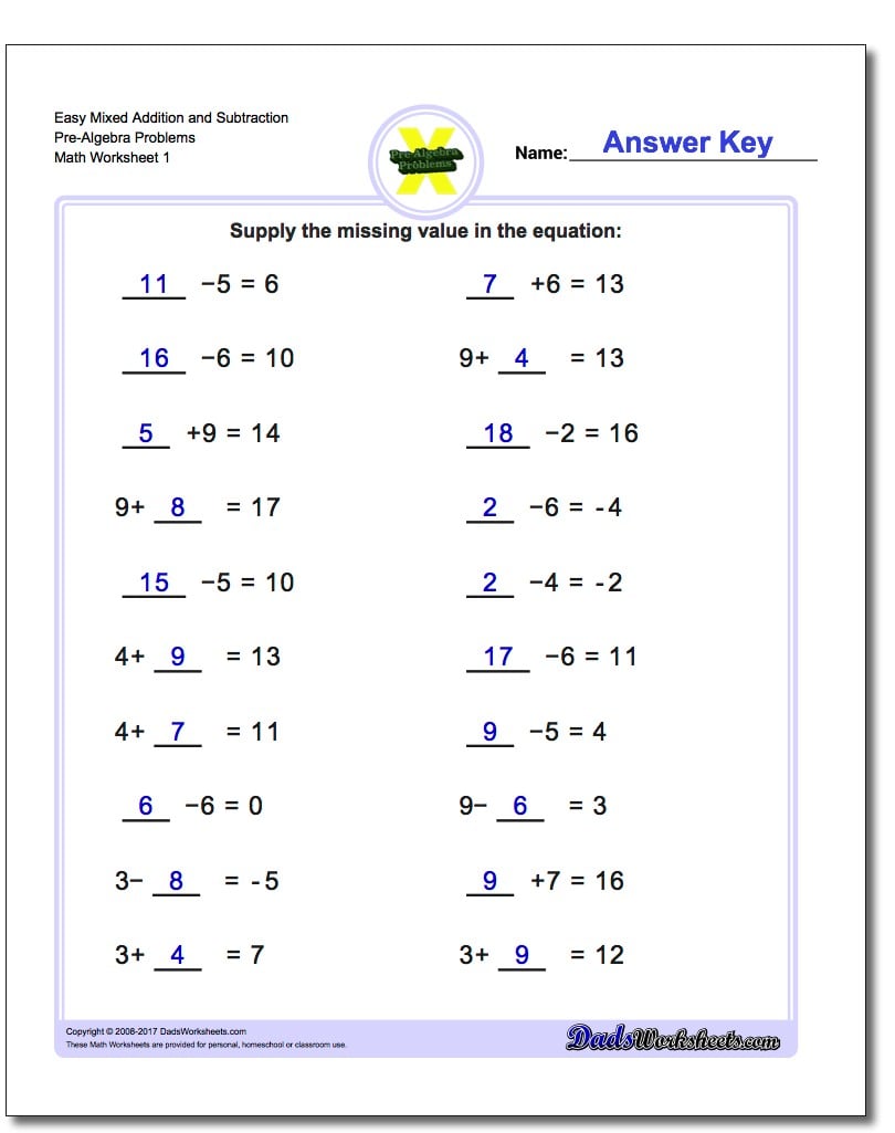 Addition and Subtraction Pre-Algebra Worksheets