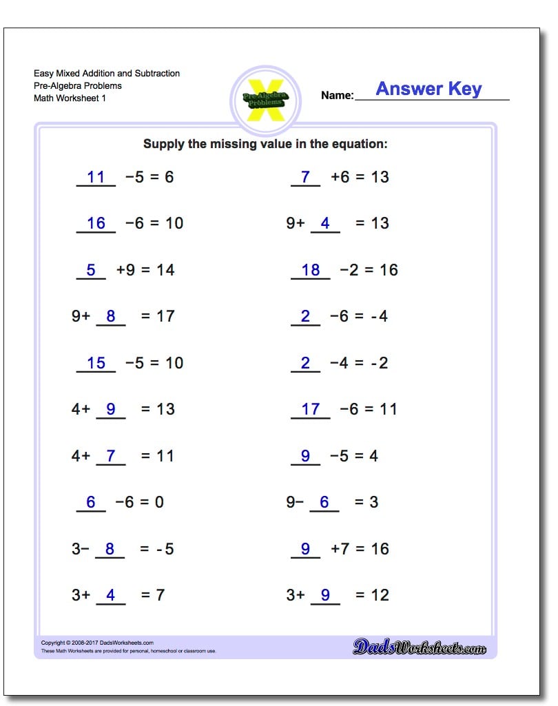 mixed pre algebra addition subtraction easy v1