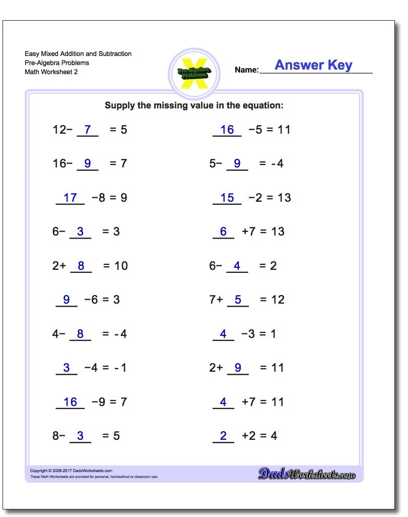 Easy Mixed Addition Worksheet and Subtraction Worksheet Pre-Algebra Problems Worksheet www.dadsworksheets.com/worksheets/pre-algebra.html