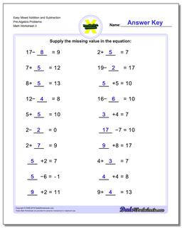 Easy Mixed Addition Worksheet and Subtraction Worksheet Pre-Algebra Problems Worksheet