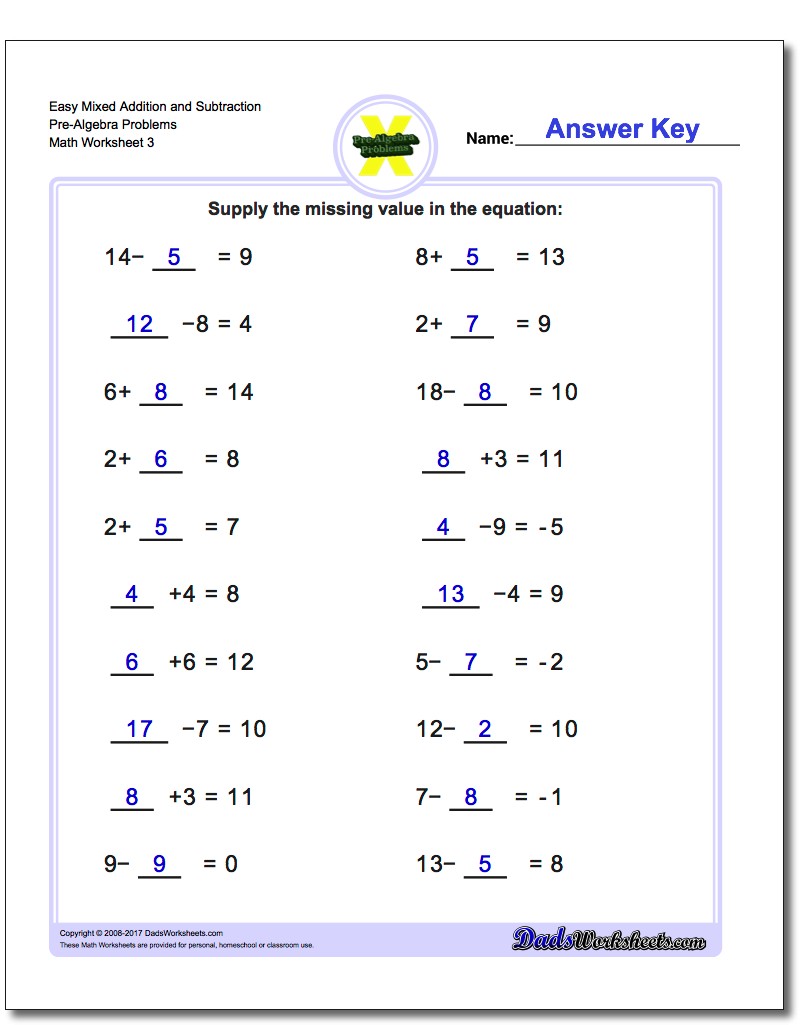 Easy Mixed Addition Worksheet and Subtraction Worksheet Pre-Algebra Problems Worksheet