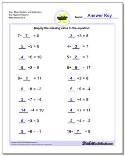 Easy Mixed Addition Worksheet and Subtraction Worksheet Pre-Algebra Problems Worksheet