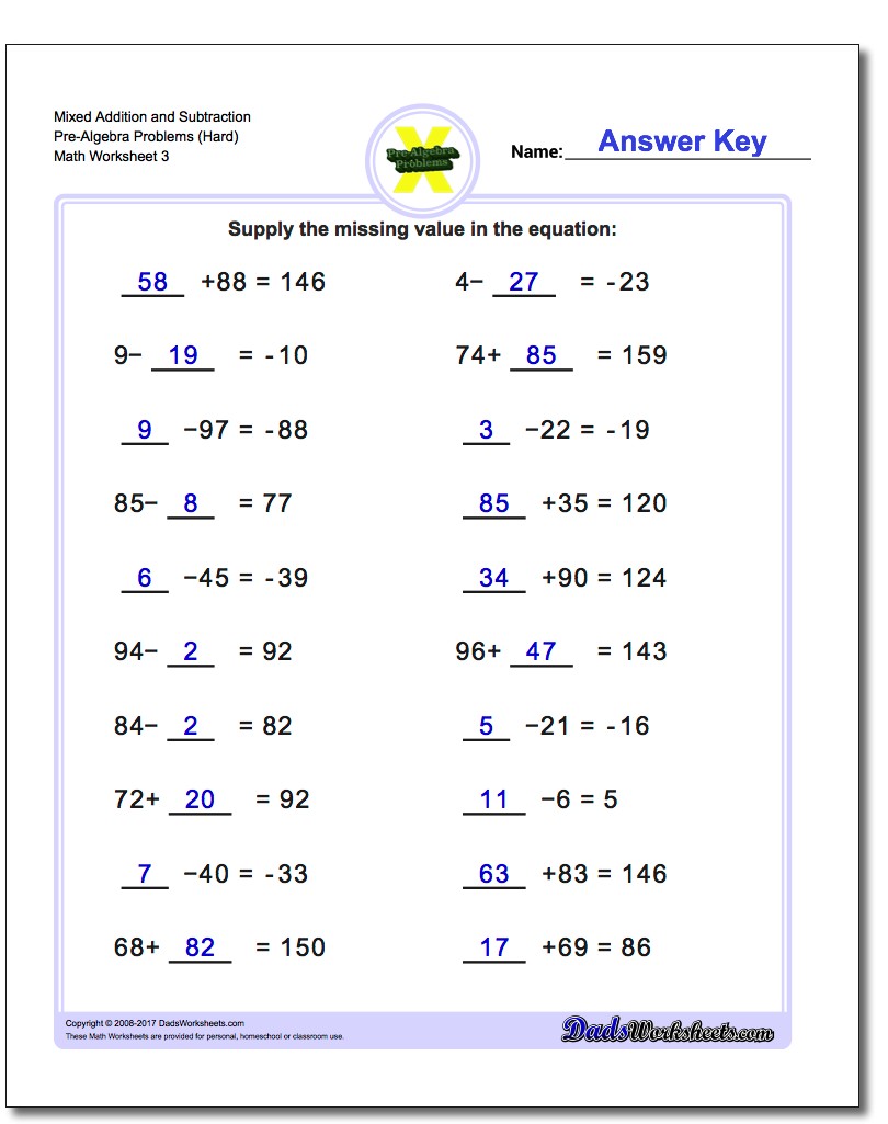 Mixed Addition Worksheet and Subtraction Worksheet Pre-Algebra Problems Worksheet (Hard)