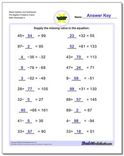 Mixed Addition Worksheet and Subtraction Worksheet Pre-Algebra Problems Worksheet (Hard)