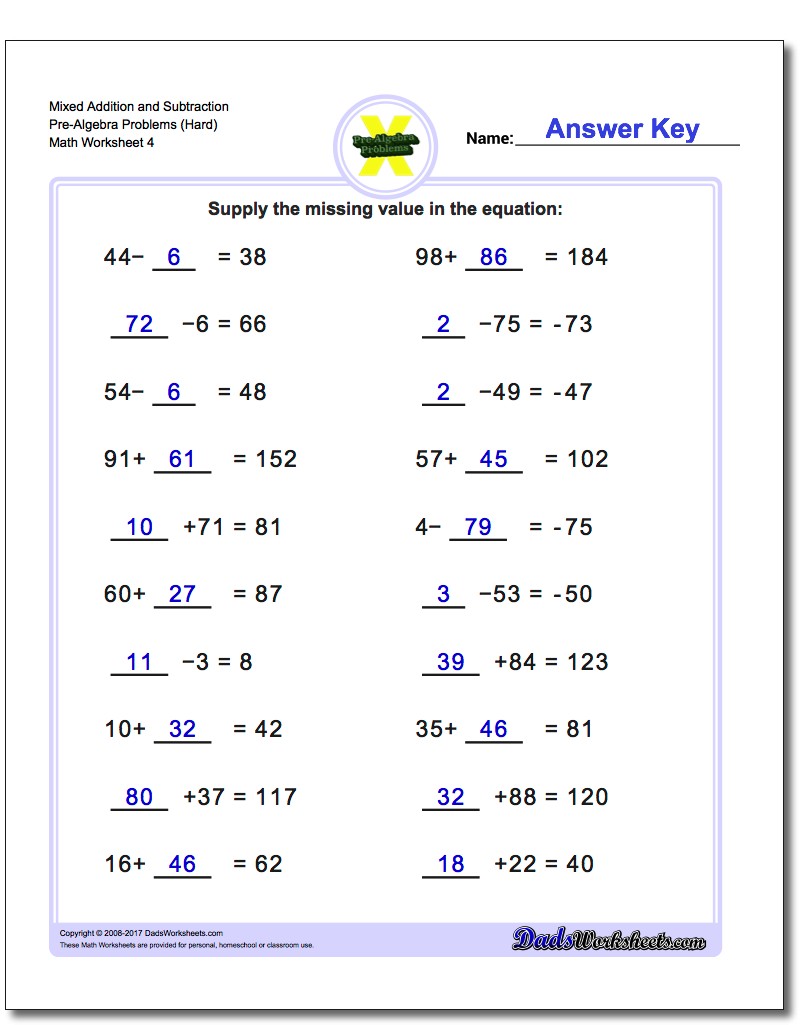 Mixed Addition Worksheet and Subtraction Worksheet Pre-Algebra Problems Worksheet (Hard)