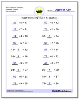 Mixed Addition Worksheet and Subtraction Worksheet Pre-Algebra Problems Worksheet