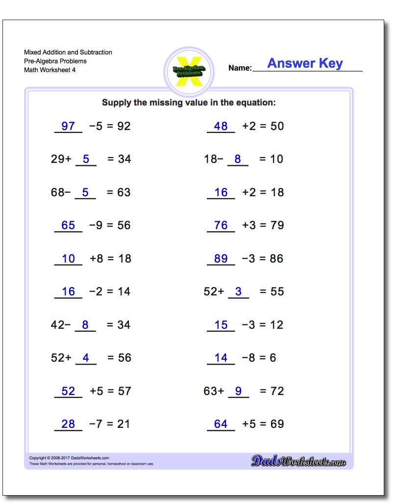 Mixed Addition Worksheet and Subtraction Worksheet Pre-Algebra Problems Worksheet