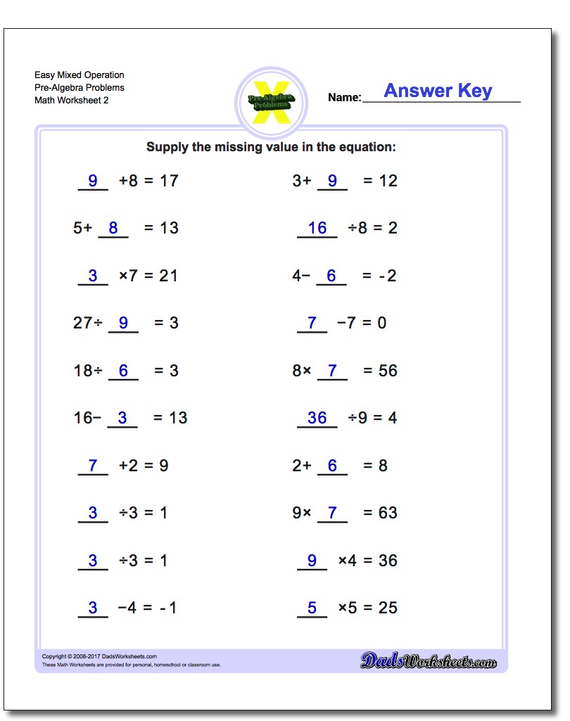Easy Mixed Operation Pre-Algebra Problems Worksheet www.dadsworksheets.com/worksheets/pre-algebra.html