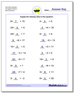 Easy Mixed Operation Pre-Algebra Problems Worksheet