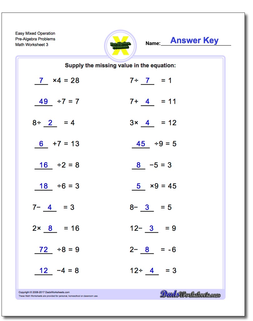 Easy Mixed Operation Pre-Algebra Problems Worksheet