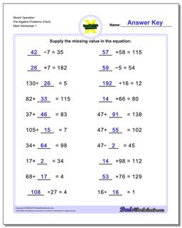 Pre-Algebra Worksheet Mixed Operation Problems (Hard)