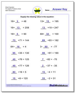 Mixed Operation Pre-Algebra Problems Worksheet (Hard) /worksheets/pre-algebra.html