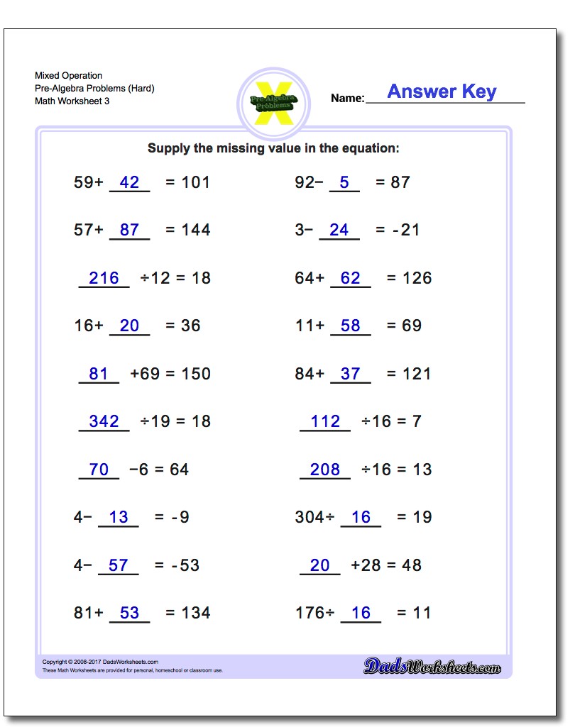 Mixed Operation Pre-Algebra Problems Worksheet (Hard)