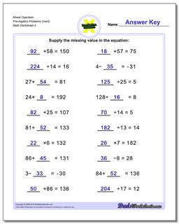 Mixed Operation Pre-Algebra Problems Worksheet (Hard)