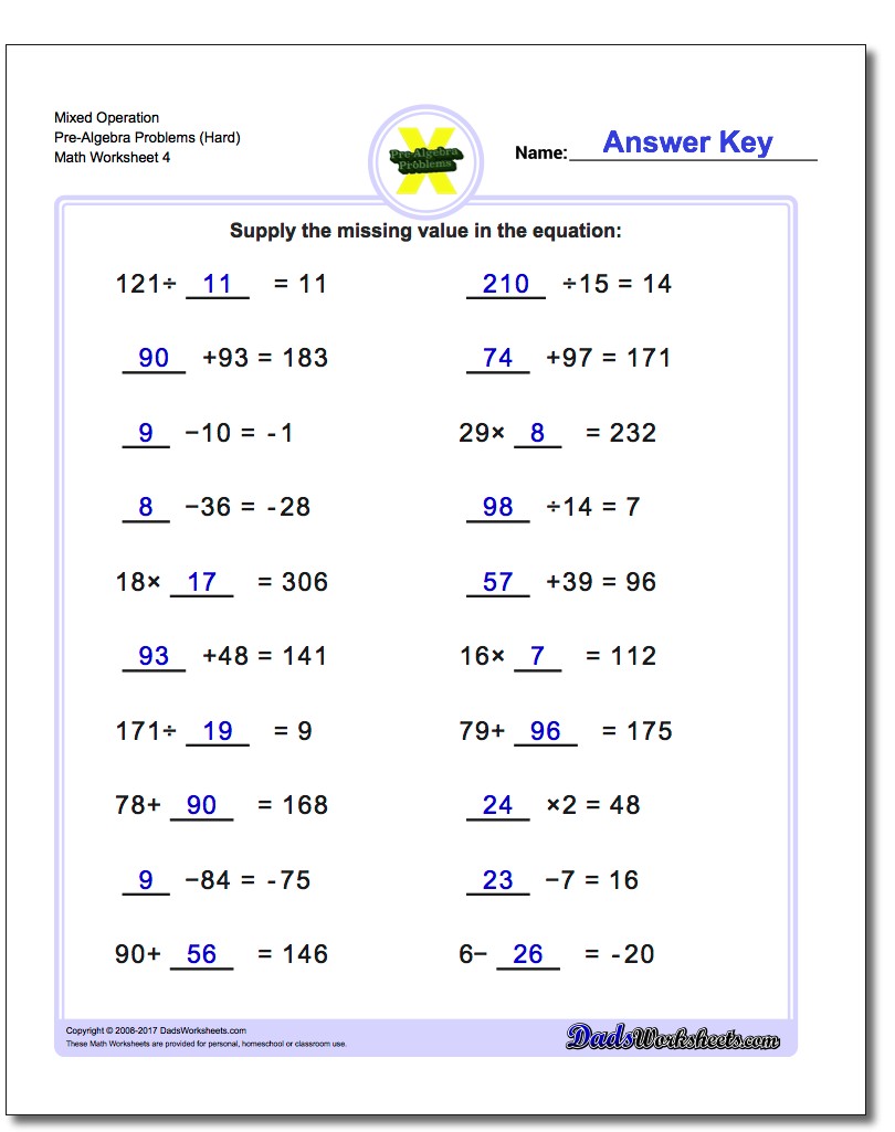 Mixed Operation Pre-Algebra Problems Worksheet (Hard)