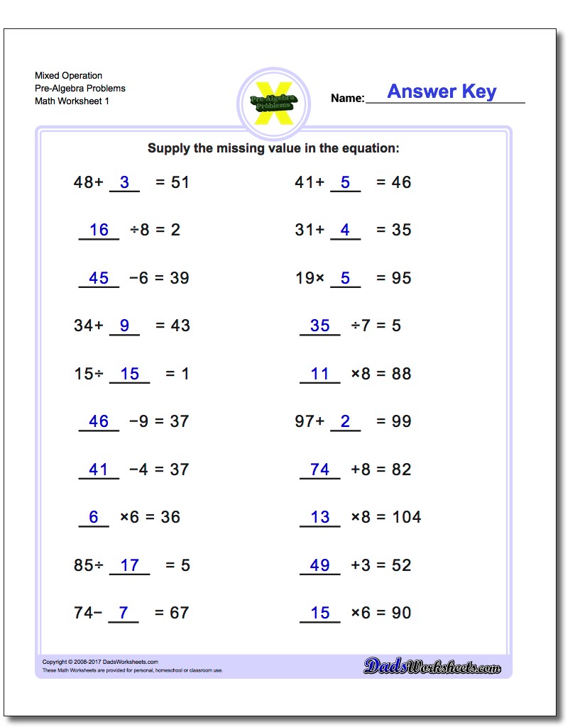 Pre-Algebra Worksheet Mixed Operation Problems