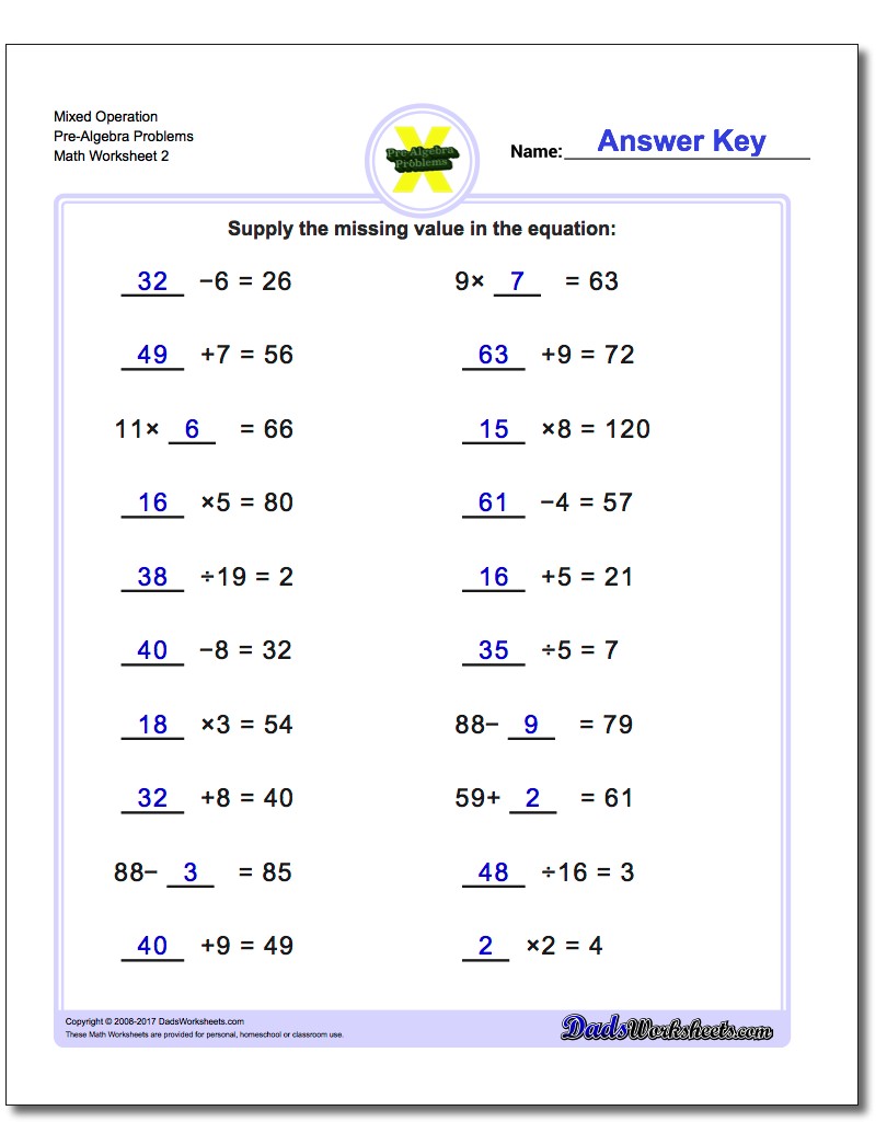 Mixed Operation Pre-Algebra Problems Worksheet www.dadsworksheets.com/worksheets/pre-algebra.html