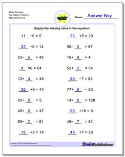 Mixed Operation Pre-Algebra Problems Worksheet