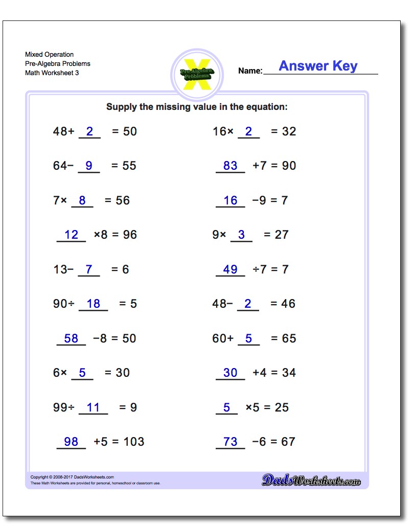 Mixed Operation Pre-Algebra Problems Worksheet
