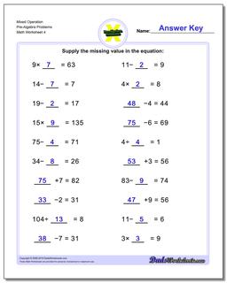 Mixed Operation Pre-Algebra Problems Worksheet