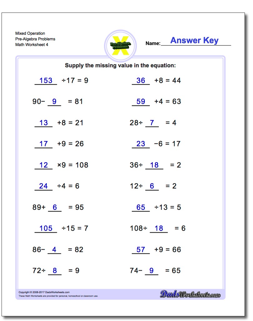 Mixed Operation Pre-Algebra Problems Worksheet