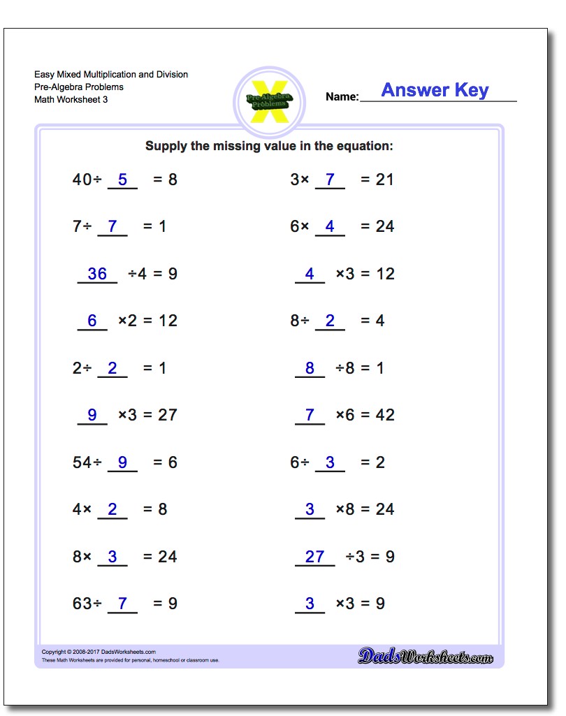 Easy Mixed Multiplication Worksheet and Division Worksheet Pre-Algebra Problems Worksheet