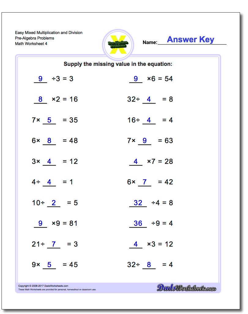 Easy Mixed Multiplication Worksheet and Division Worksheet Pre-Algebra Problems Worksheet