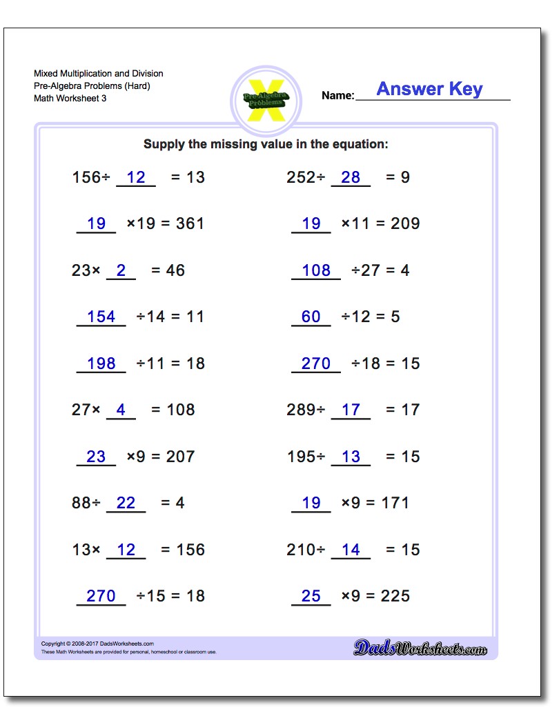 Mixed Multiplication Worksheet and Division Worksheet Pre-Algebra Problems Worksheet (Hard)