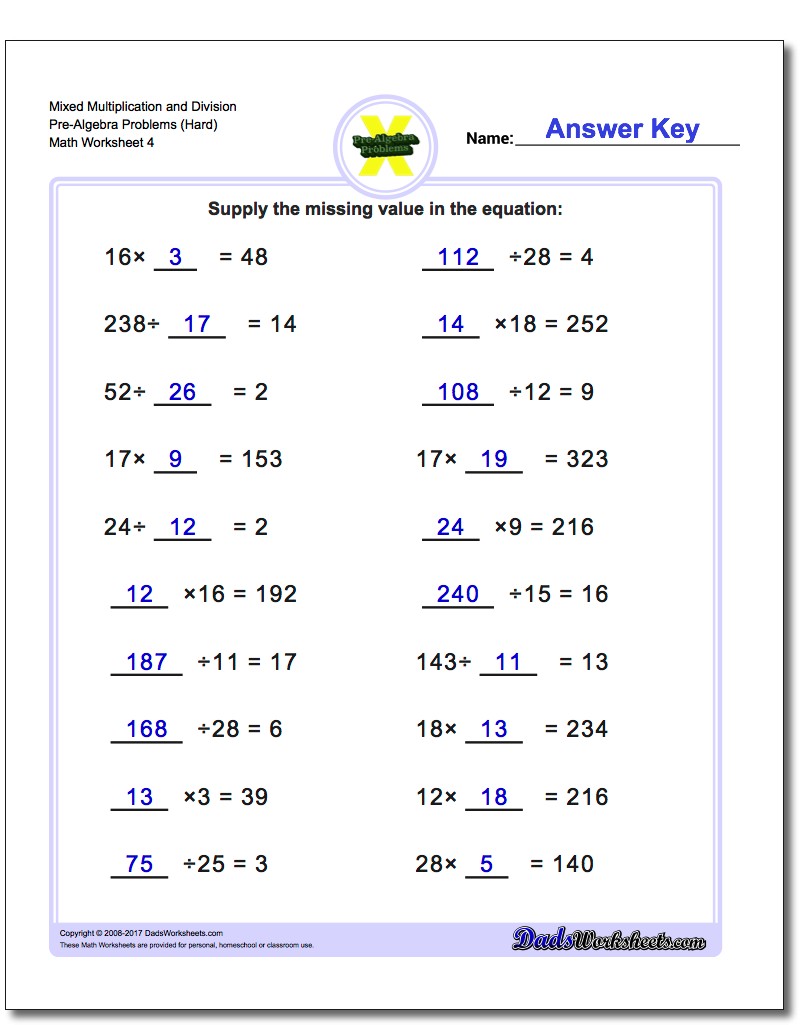 Mixed Multiplication Worksheet and Division Worksheet Pre-Algebra Problems Worksheet (Hard)