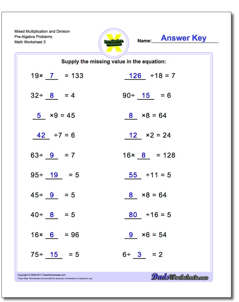 Mixed Multiplication Worksheet and Division Worksheet Pre-Algebra Problems Worksheet