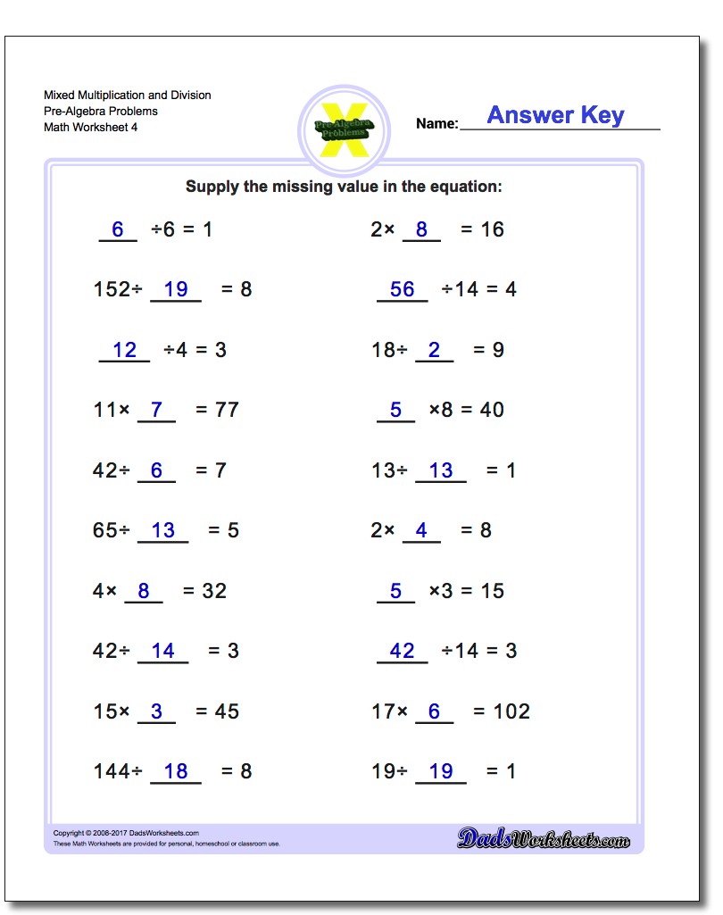 Mixed Multiplication Worksheet and Division Worksheet Pre-Algebra Problems Worksheet