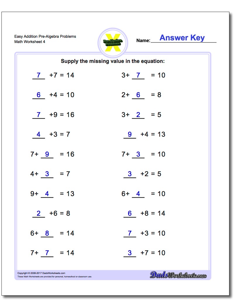 Easy Addition Worksheet Pre-Algebra Problems Worksheet