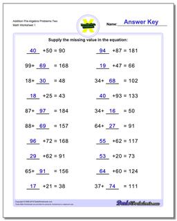 Pre-Algebra Worksheet Addition Problems Two