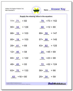 Addition Worksheet Pre-Algebra Problems Worksheet Two