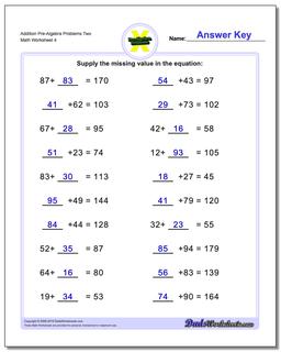 Addition Worksheet Pre-Algebra Problems Worksheet Two